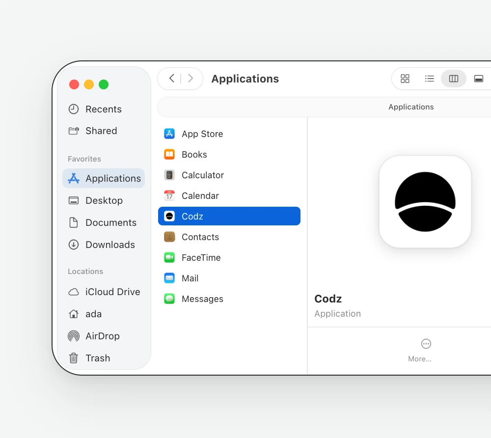 Codz selected in the Applications folder in Finder