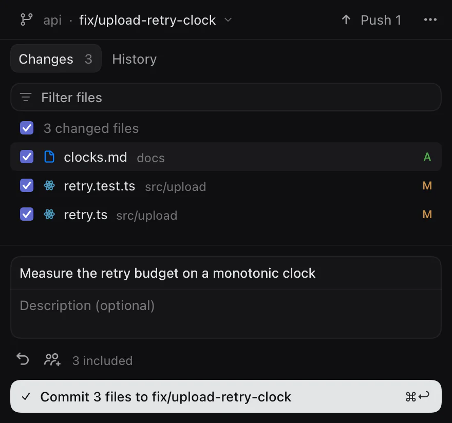 The Codz Git panel on branch fix/upload-retry-clock: three changed files checked, a commit message, and Commit 3 files to fix/upload-retry-clock, with Push 1 above