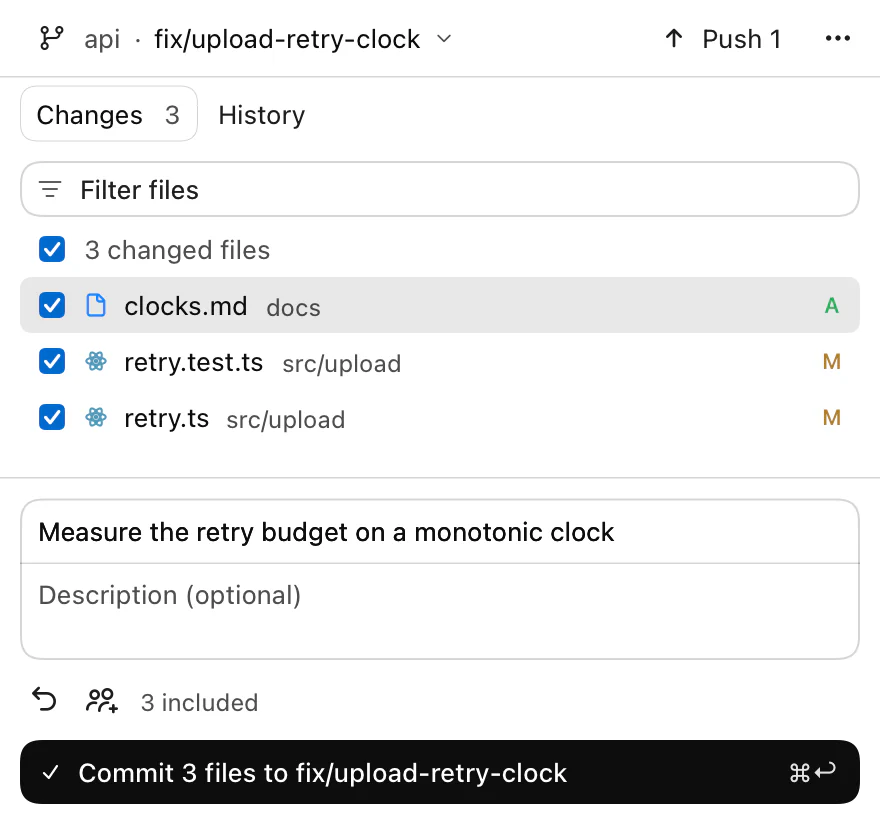 The Codz Git panel on branch fix/upload-retry-clock: three changed files checked, a commit message, and Commit 3 files to fix/upload-retry-clock, with Push 1 above