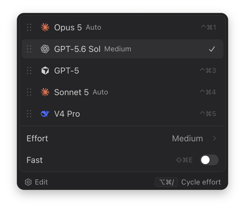 The Codz model picker: Opus 5, GPT-5.6 Sol, GPT-5, Sonnet 5 and DeepSeek V4 Pro in one list, each on a keyboard shortcut, with effort and fast mode below
