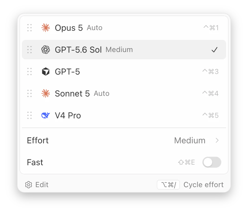 The Codz model picker: Opus 5, GPT-5.6 Sol, GPT-5, Sonnet 5 and DeepSeek V4 Pro in one list, each on a keyboard shortcut, with effort and fast mode below