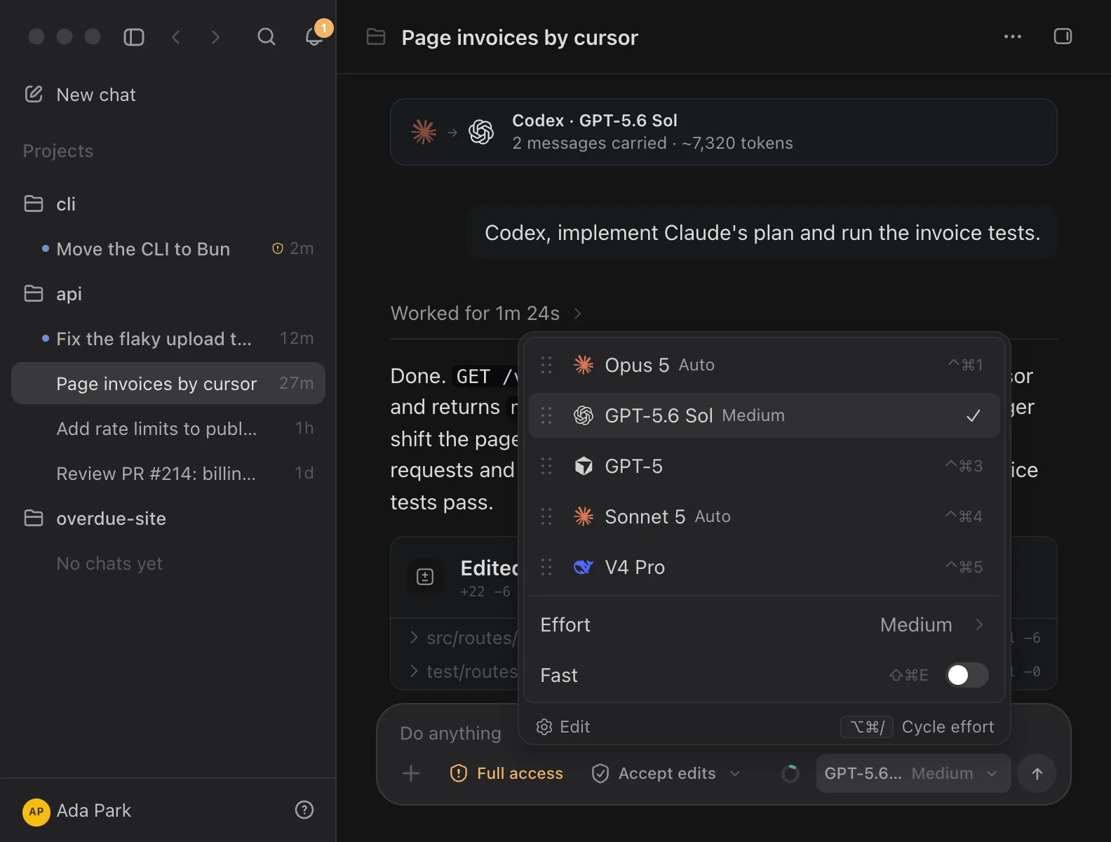 Codz: a chat Claude planned and handed to Codex, with the model picker open over it