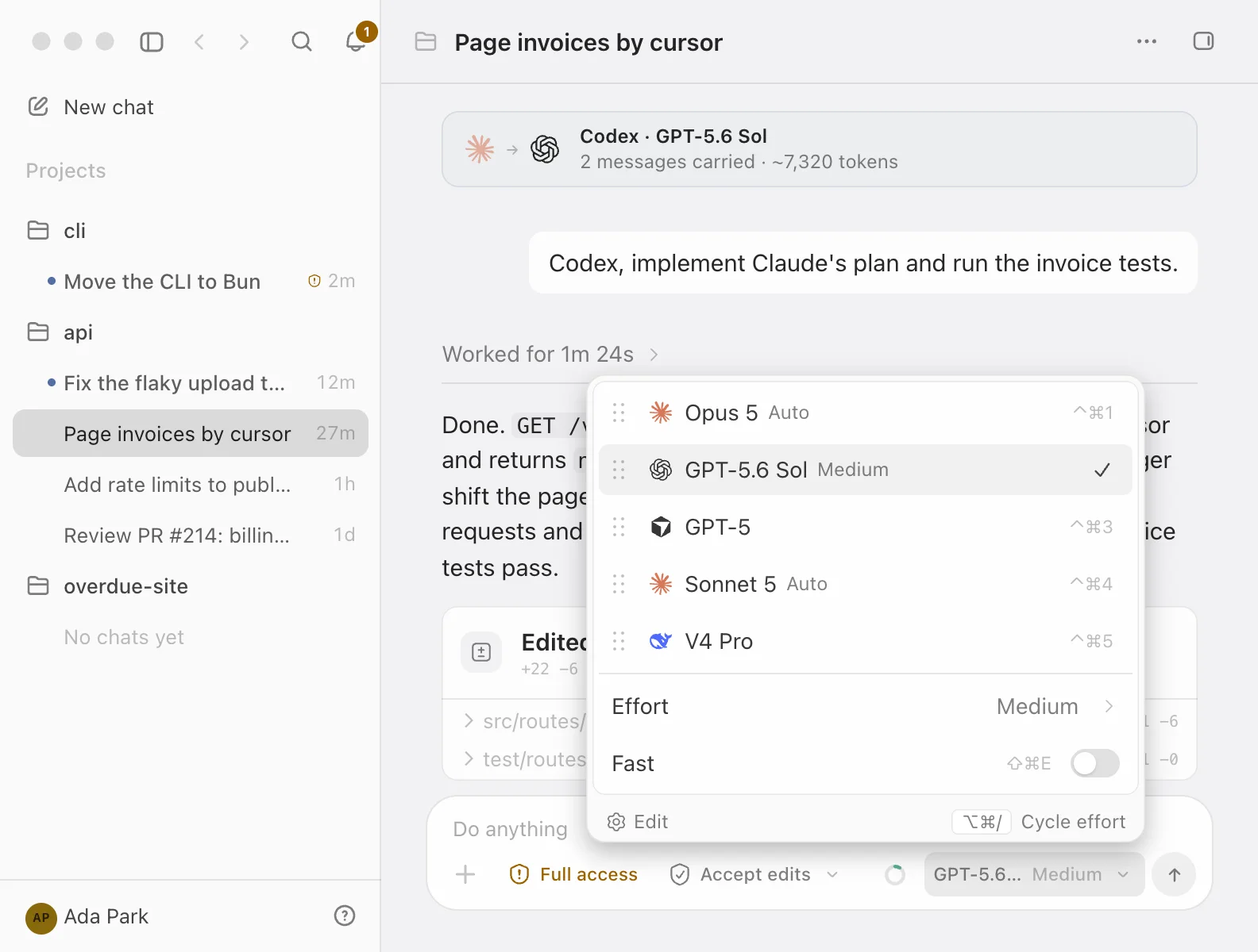 Codz: a chat Claude planned and handed to Codex, with the model picker open over it