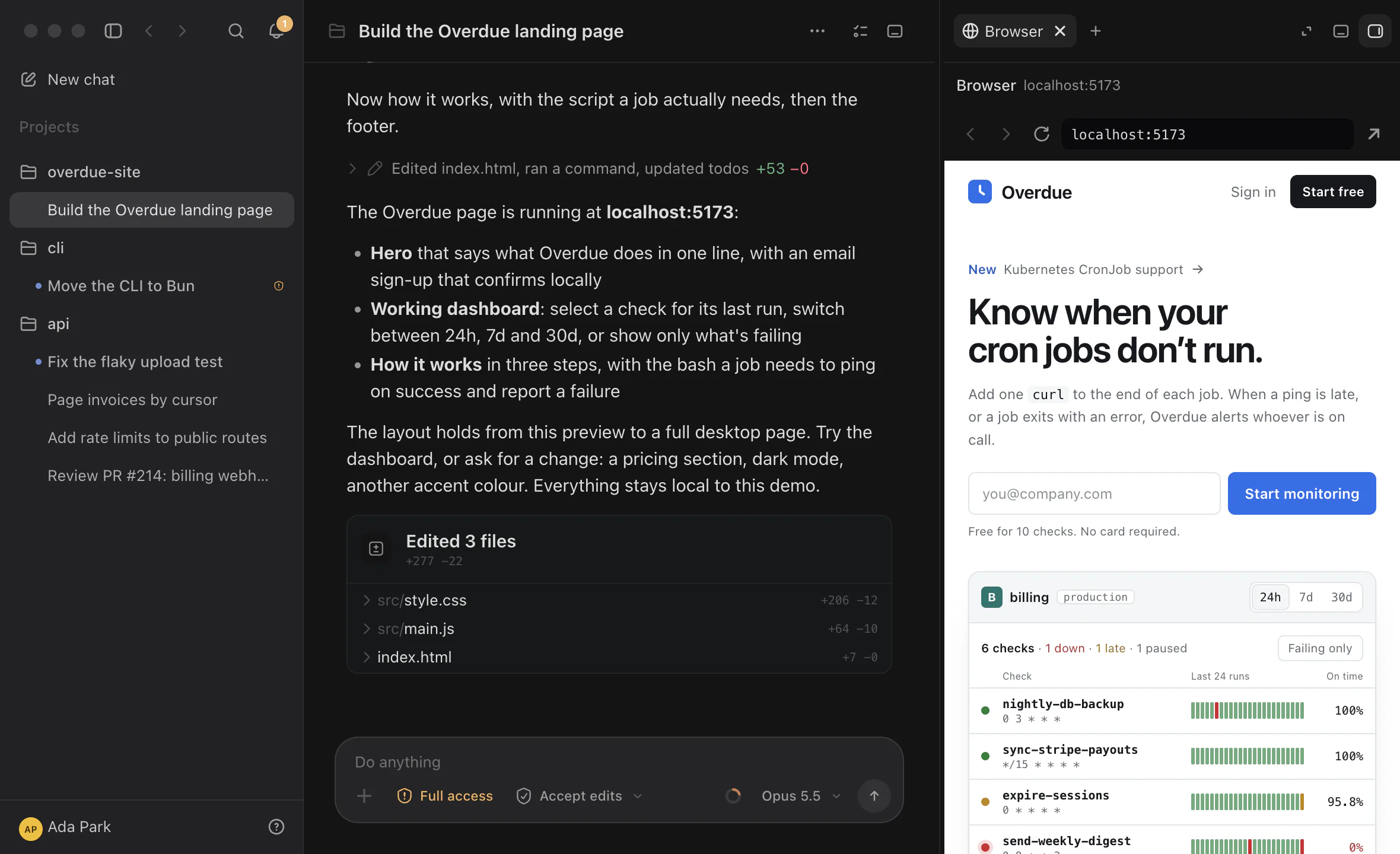 Codz: the completed Overdue landing page running beside its chat