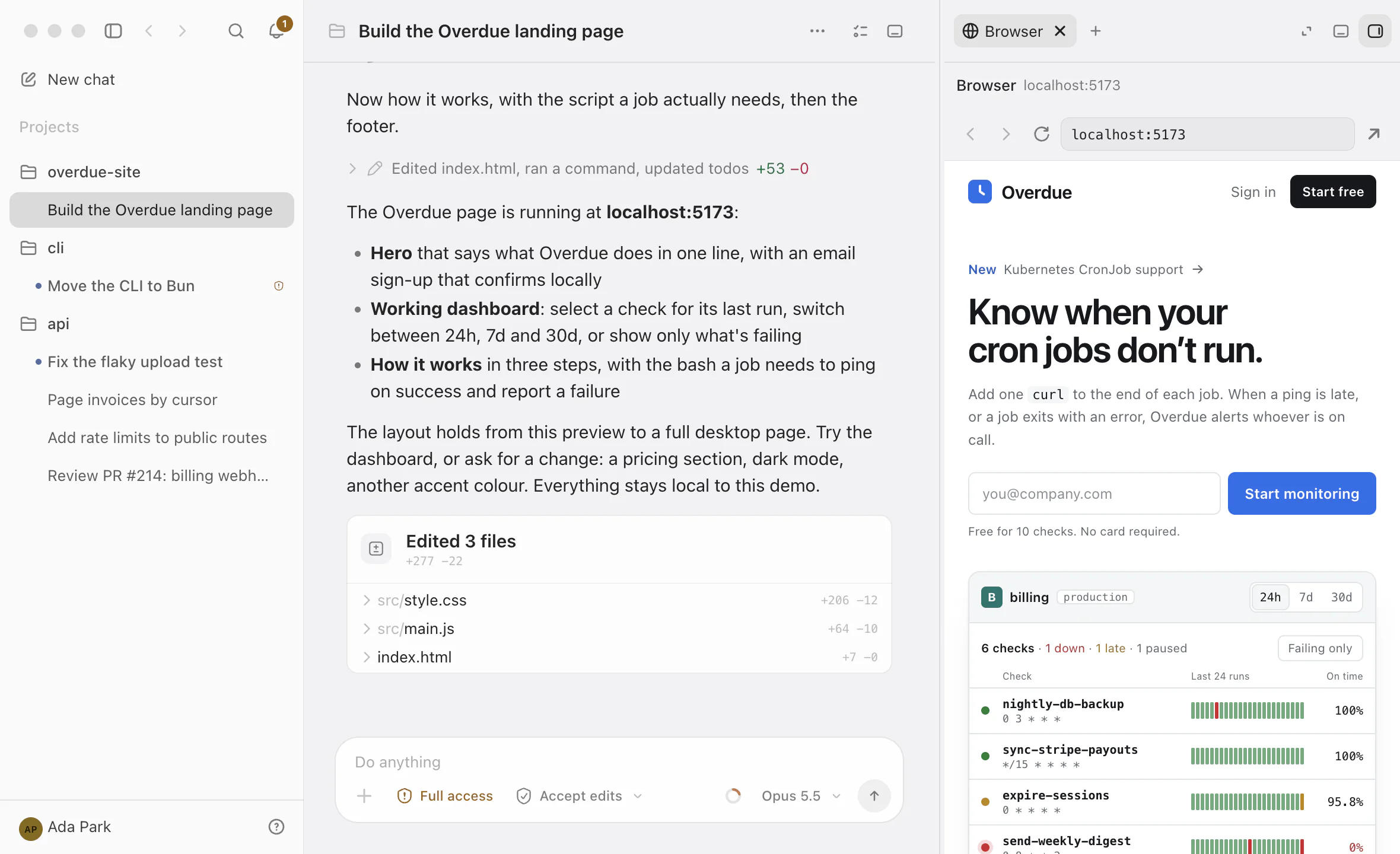 Codz: the completed Overdue landing page running beside its chat