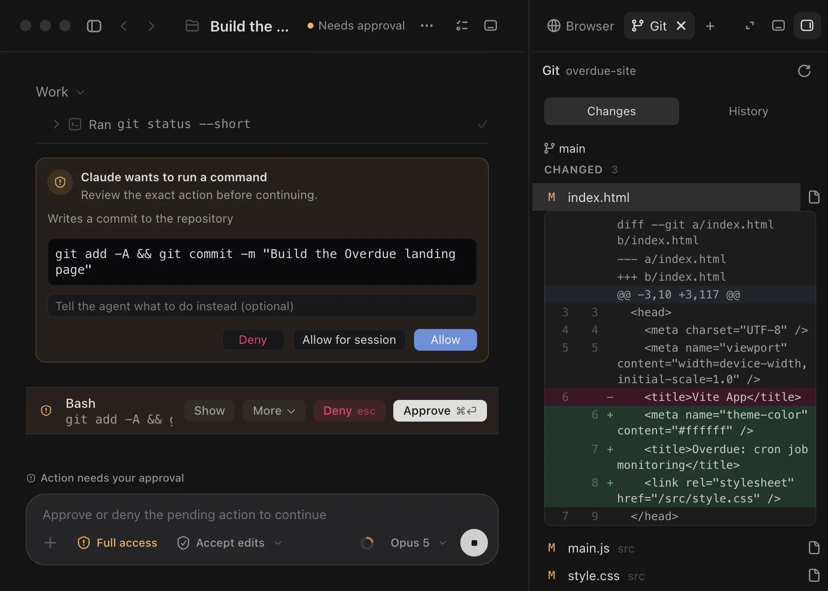 Codz: a commit waiting on approval beside the Git panel’s diff of the change