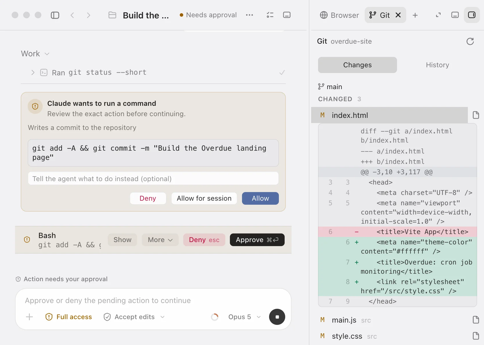 Codz: a commit waiting on approval beside the Git panel’s diff of the change